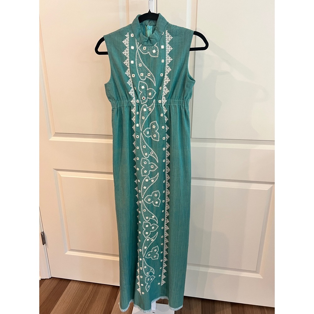 Vintage Homemade Embroidered Maxi Dress Mock Neck Sleeveless Boho 1970s Style